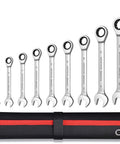 Nine Piece Spanner And Ratchet Wrench Set, Universal Socket Head Tools displayed with a compact roll-up case