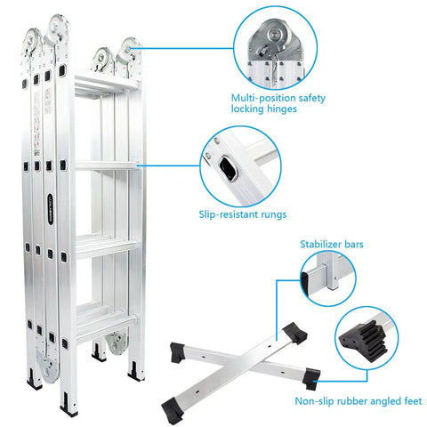 15.5 Feet Aluminum Folding Ladder 7 In 1 Multi Position Workhorse With Secure Click And Lock System Six Joints Converts To Scaffold Leaning Ladder And Stepladder EN131 Standard 330 Lb Capacity For Home And Jobsite; safety hinges and stabilizer bars