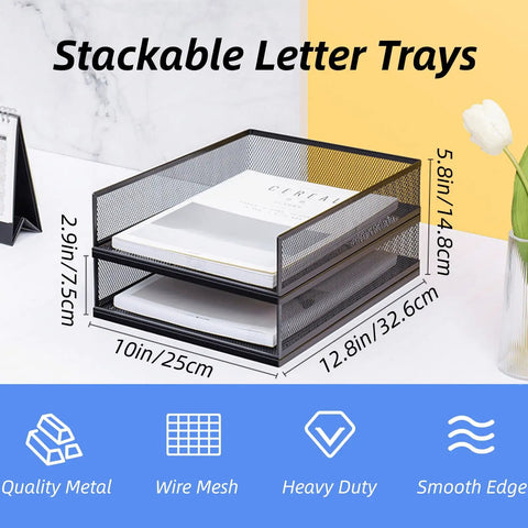 Two Pack Wire Mesh Letter Trays For Desk, Stackable Paper Organizer, dimensions labeled, showing metal construction for home office use