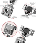 Rock Solid 10 Pack 1.5 Inch Overlay Soft Close Cabinet Hinges with detailed adjustment features and mounting specifications.