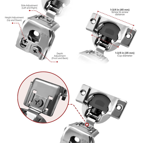 Rock Solid 10 Pack 1.5 Inch Overlay Soft Close Cabinet Hinges with detailed adjustment features and mounting specifications.