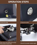 Operation steps for Electric Coffee Grounds Cleaner Knock Box For Swift 58mm Portafilter Cleanout with buttons and components shown.