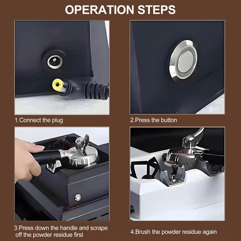 Operation steps for Electric Coffee Grounds Cleaner Knock Box For Swift 58mm Portafilter Cleanout with buttons and components shown.