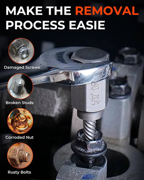 Screw extractor set (19-piece) with left-hand drill bits for removing stripped, damaged screws, bolts, and nuts.