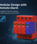 Beefed Up 3 Plus 1 Surge Protector For DIN Rail Mount 385V 40kA with modular design and remote alarm feature shown on a digital background.