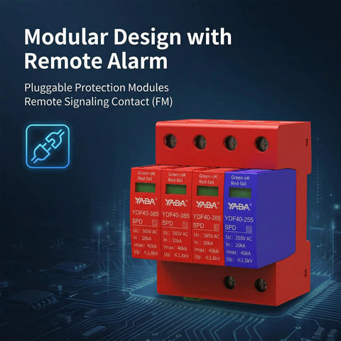 Beefed Up 3 Plus 1 Surge Protector For DIN Rail Mount 385V 40kA with modular design and remote alarm feature shown on a digital background.