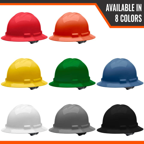 Eight full brim hard hats with 4 point ratchet, OSHA and ANSI compliant, available in different colors for men and women.