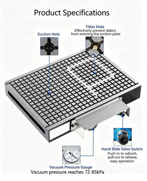 Product specifications of Shop Ready Cnc Vacuum Chuck And Suction Base Plate showcasing suction hole, filter hole, and vacuum gauge.