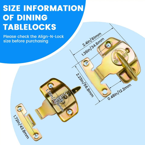 Size information of Heavy Duty Spring Table Locks For Extension Dining Tables showing dimensions in inches and millimeters.