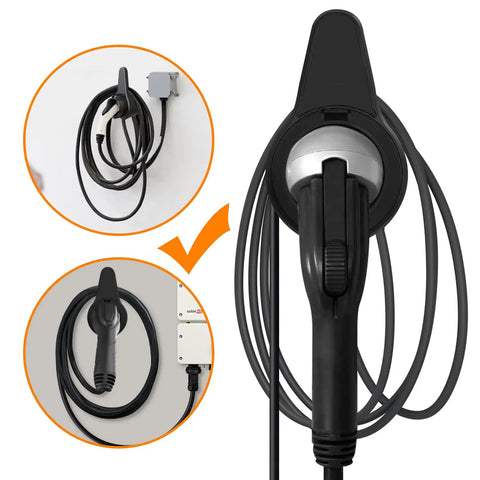 Super Tuff EV Charger Holder Wall Mount securely holds J1772 nozzle and cables to prevent tripping and clutter.