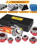 Npt Pipe Threader Machine 2300W With Six Hss Dies For One Half To Two Inch Conduit, includes orange handheld tool and die heads.