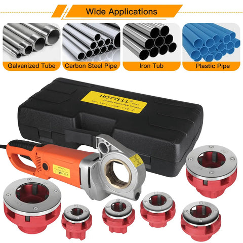 Npt Pipe Threader Machine 2300W With Six Hss Dies For One Half To Two Inch Conduit, includes orange handheld tool and die heads.