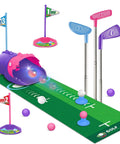 Kids Golf Toy Set With Dinosaur Automatic Ball Return LED Light Up Night Balls 3 Clubs Putting Mat for Toddlers.
