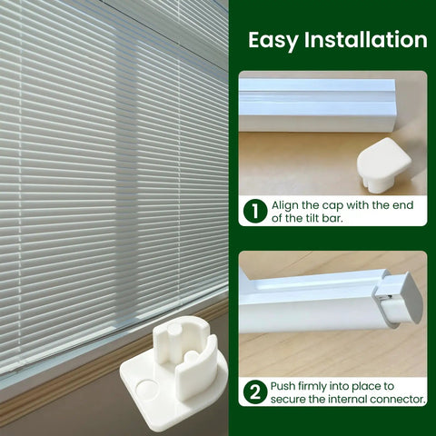 Installation steps for Vinyl Shutter End Caps For Plantation Shutters Replacement Kit, Tilt Bar End Caps shown with blinds