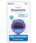 Three Button Kids Stopwatch For Classrooms And Home in packaging, highlighting green go, red stop, yellow clear buttons.