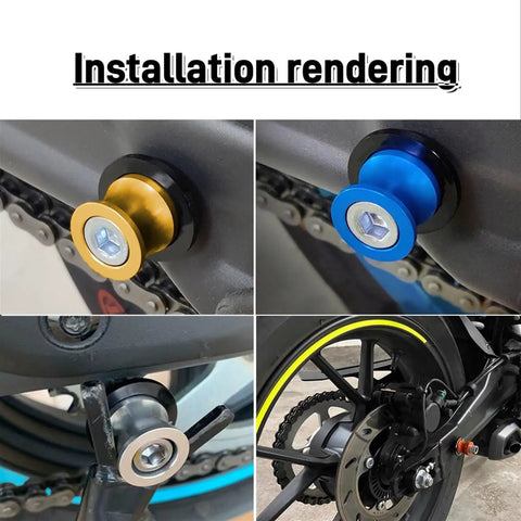 Multiple installation views of 10mm Swingarm Spools And Stand Screws For 690 SMC SMC R Enduro R Motorcycles 2008 2022 Upgrade Kit Durable Aluminum Mounts For Easy Lifts Clean Look Smooth Fitment And High Quality Construction.