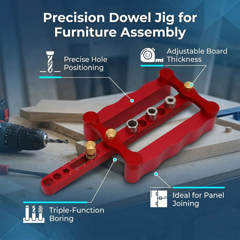 Dead On Precision Complete Self Centering Doweling Jig Kit With Professional Drill Bushes, features adjustable thickness and triple-function boring.