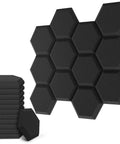 Dense Sound Absorbing Hexagon Foam Panels Pack Of 24 Thick Acoustic Wall Tiles displayed in black, showcasing a hexagonal pattern and stack.