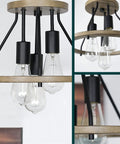14-Inch 3-Light Rustic Farmhouse Flush Mount Ceiling Light With Metal Shade In Smoked Birch Finish, Open Shade Design