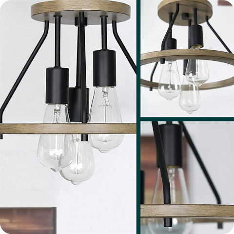 14-Inch 3-Light Rustic Farmhouse Flush Mount Ceiling Light With Metal Shade In Smoked Birch Finish, Open Shade Design