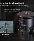 Detachable video head for carbon fiber monopod with 1/4" and 3/8" screws, ensuring wide compatibility for videographers.