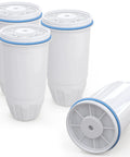 Pack Of 4 Water Filter Replacements For Zero Pitcher And Dispenser Easy Fit For Models ZR-001 ZR-017 ZR-004 ZP-006 ZD-013 ZS-008 seen from side and top angles.