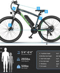 Heavy Duty Adult Electric Mountain Bike Built To Crush Local Trails, Offering A Peppy 750W Peak Motor, Fast 48V Battery, Dimensions and Specs Diagram