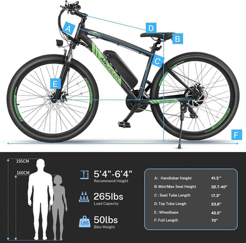 Heavy Duty Adult Electric Mountain Bike Built To Crush Local Trails, Offering A Peppy 750W Peak Motor, Fast 48V Battery, Dimensions and Specs Diagram