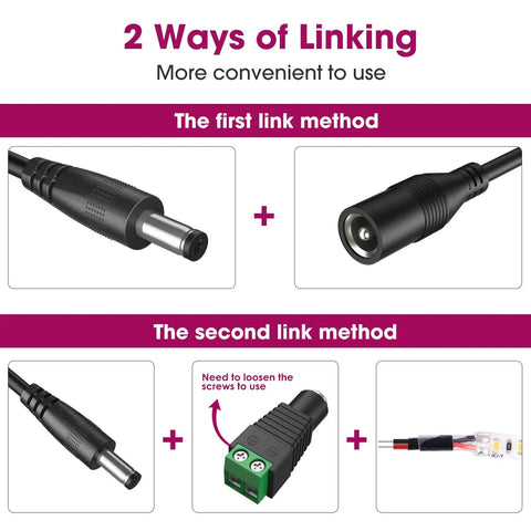 Diagram showing 2 linking methods for 24V LED Power Supply 60W UL Listed AC to DC Converter for LED Strip Lights and CCTV Cameras