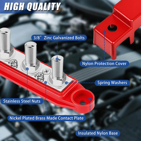 Get Your Rig Powered Up With A 250 Amp Three Eighths Inch Power Distribution Block Featuring Four Studs A Heavy Duty Busbar Terminal Block For Automotive And Marine Use Includes Cover For Positive And Negative, showing detailed view of red busbar with metal studs and nylon cover.