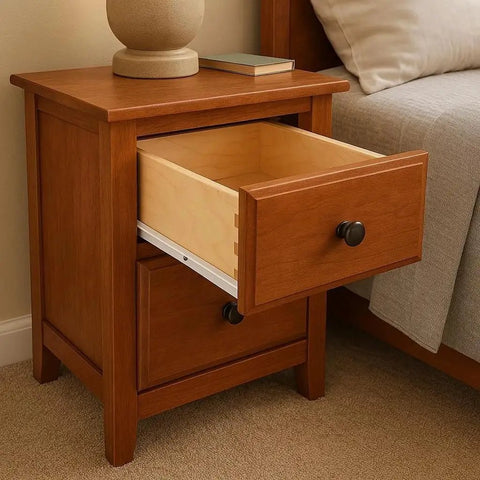 Open drawer in wooden nightstand with white 14 inch epoxy coated Euro roller drawer slides 3-4 extension heavy duty 55 lb capacity