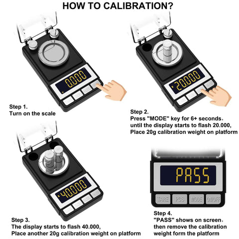 Ultra Precise Milligram Scale 50g 0.001g With 2X 20g Calibration Weights, Reloading Scale For Jewelry And Gold Powder, calibration steps
