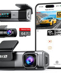Front And Rear 4K Dash Cam With 64GB Card Built In 5G WiFi 4K Front And 1080P Rear Loop Recording Gravity Sensor 24 Hours Parking Mode Night Vision Car Cam For Safe Driving showing units and accessories.