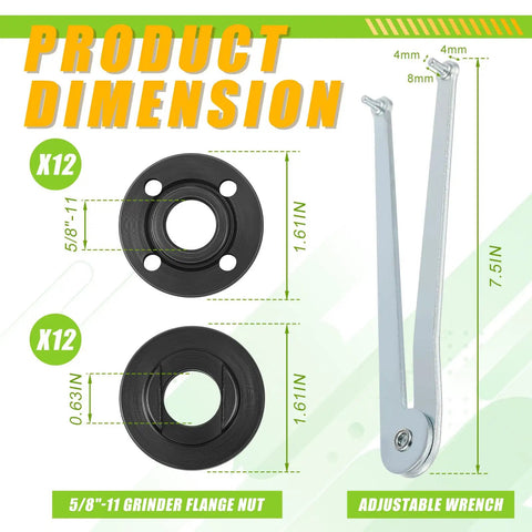 Product dimensions for Crush Any Grinding Task With This Badass Angle Grinder Wrench Kit including flange nuts and adjustable wrench.