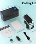 Bluetooth 4x6 Thermal Shipping Label Printer For Small Biz Quick Printing From iPhone Android Mac Windows Works With UPS USPS Amazon Etsy Navy Blue No WiFi Needed, shown with accessories including power adapter, cables, and manual.