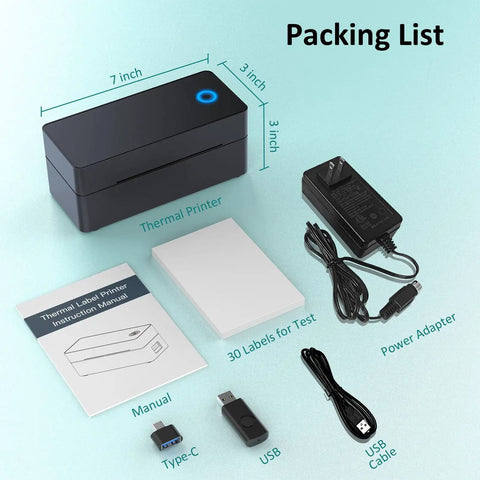 Bluetooth 4x6 Thermal Shipping Label Printer For Small Biz Quick Printing From iPhone Android Mac Windows Works With UPS USPS Amazon Etsy Navy Blue No WiFi Needed, shown with accessories including power adapter, cables, and manual.