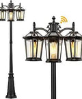 Three Head Outdoor Lamp Post Light With Dusk To Dawn Sensor Auto On Off Waterproof Aluminum Post And Tempered Glass Panels