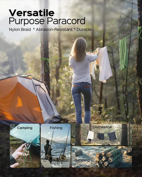 Person using versatile paracord for camping clothesline, shown with tent and outdoor gear.