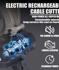 Close-up of Heavy Duty Battery Powered Cable Cutter 75mm Ratchet Tool Kit highlighting high-power all-copper motor features.