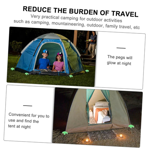Glow In The Dark Tent Pegs Kit With Hammer And 5M Rope, 10 Steel Stakes For Camping, glowing pegs around a tent at night