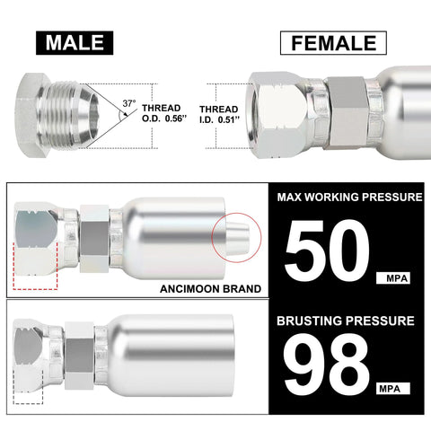 ANCIMOON chrome-plated hydraulic fittings set, 3/8" hose x 3/8" JIC 37° female swivel, 10 pcs
