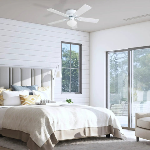 Bedroom with Alvina 42 Inch Ceiling Fan With Light and LED Kit, flush mount, five blades, white and gray oak finish for rooms up to 100 sq ft.