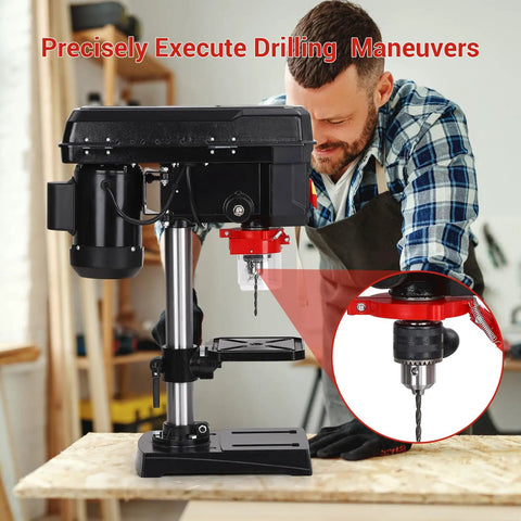 Ideally House 8 Inch Benchtop Drill Press With Powerful 2.5A Motor And Five Adjustable Speeds For Precise Wood And Metal Drilling Projects featuring drill chuck.