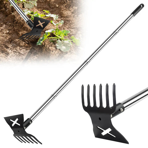 2-In-1 Garden Hoe And Weed Puller Tool With Long Handle For Lawn And Garden, Heavy Duty Manual Weeding Rake With 57 Inch Reach, 6-Tine Weeder