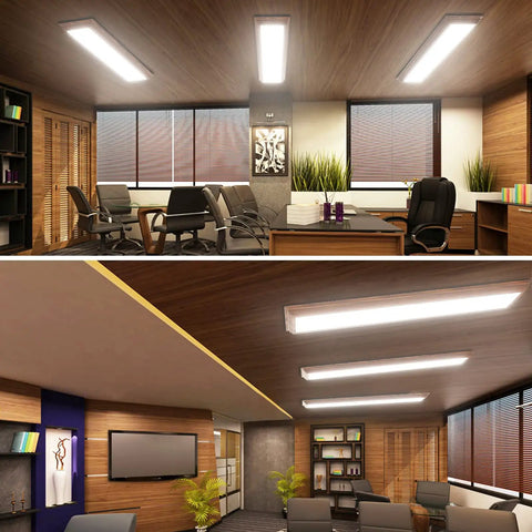 Office room with 2Ft LED Light Fixture With 3 Color Temperature Adjustable 3000K 4000K 5000K No Fuss 30W 3300LM and wooden decor.