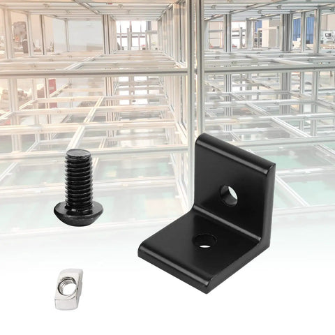 10 Piece 2 Hole Inside Corner Bracket Set For 4040 Aluminum Extrusion 10mm Slot 90 Degree L Shape Black Includes 20 M8 T Nuts 20 M8 Hex Screws And 1 Wrench, showing a single black L bracket with screw and T-nut against an aluminum frame background