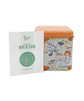 Herbal Tea Garden Starter Kit With Lavender Chamomile And Lemon Balm Seeds In 3 Square Tin Planters, floral tin and seed packet