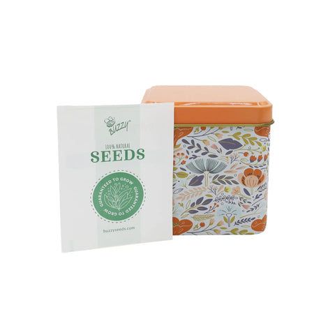 Herbal Tea Garden Starter Kit With Lavender Chamomile And Lemon Balm Seeds In 3 Square Tin Planters, floral tin and seed packet
