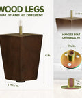 Heavy Duty Four Inch Square Wooden Furniture Legs With Adjustable Levelers and Secure T Nuts Hardware Brown Wood Grain dimensions and details