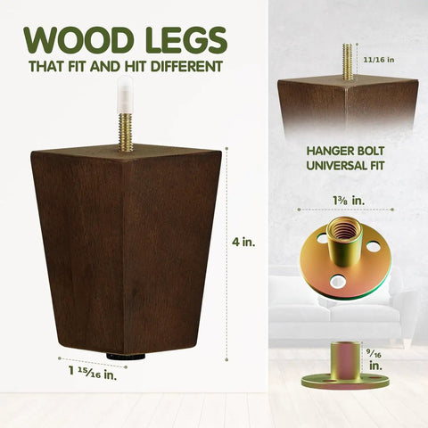 Heavy Duty Four Inch Square Wooden Furniture Legs With Adjustable Levelers and Secure T Nuts Hardware Brown Wood Grain dimensions and details